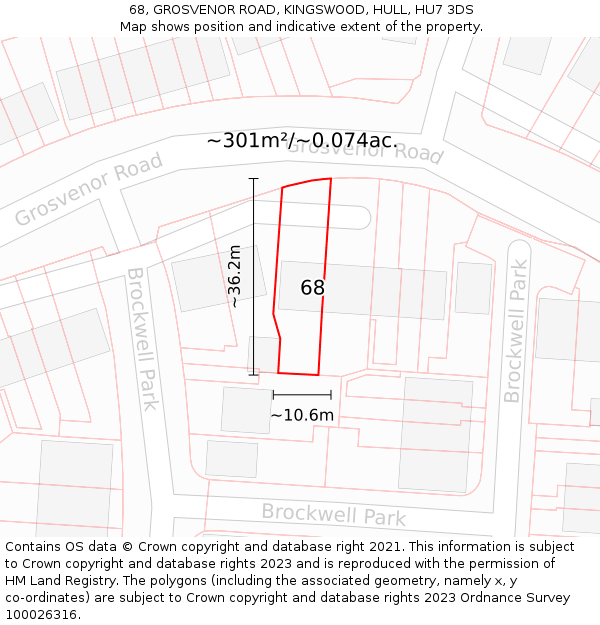 68, GROSVENOR ROAD, KINGSWOOD, HULL, HU7 3DS: Plot and title map