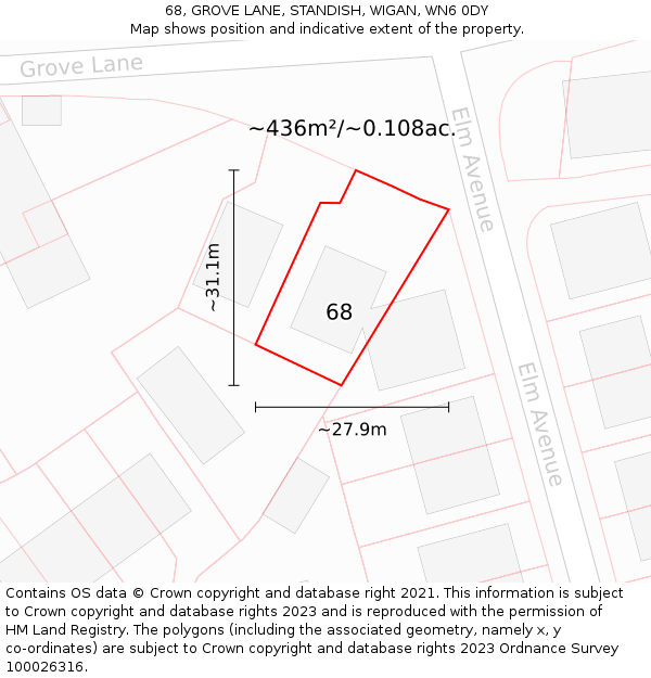 68, GROVE LANE, STANDISH, WIGAN, WN6 0DY: Plot and title map