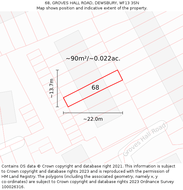 68, GROVES HALL ROAD, DEWSBURY, WF13 3SN: Plot and title map