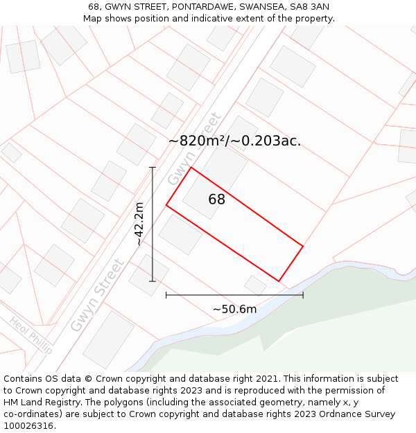 68, GWYN STREET, PONTARDAWE, SWANSEA, SA8 3AN: Plot and title map