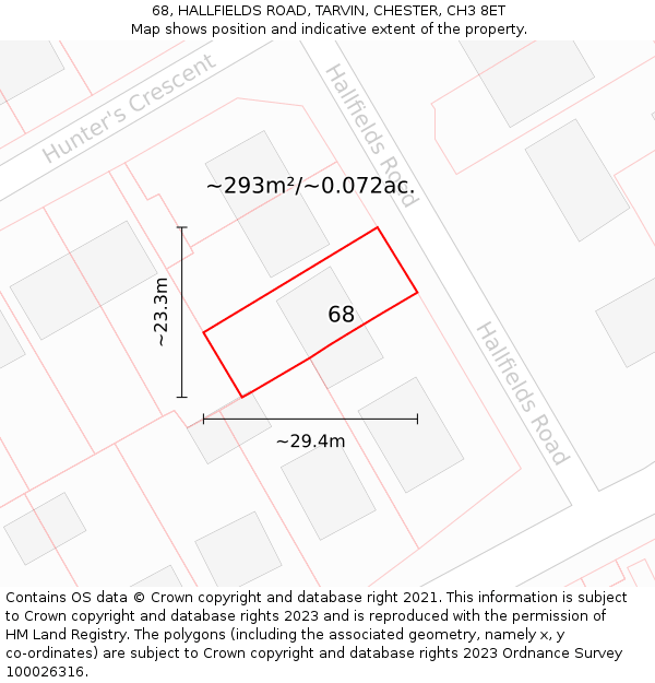 68, HALLFIELDS ROAD, TARVIN, CHESTER, CH3 8ET: Plot and title map