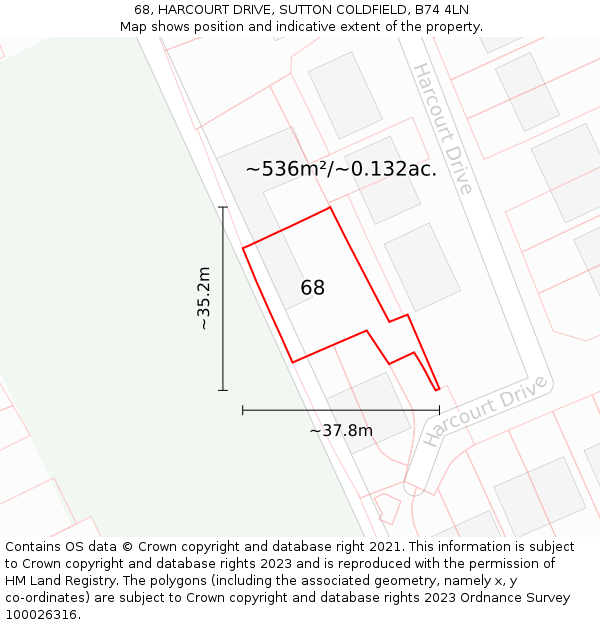 68, HARCOURT DRIVE, SUTTON COLDFIELD, B74 4LN: Plot and title map