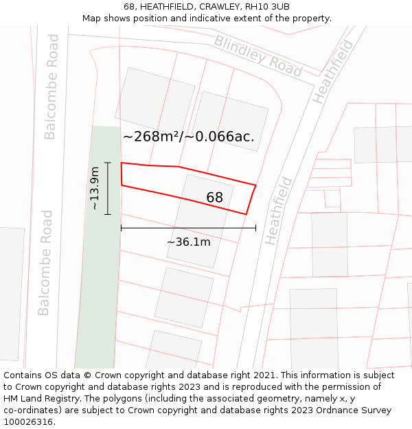 68, HEATHFIELD, CRAWLEY, RH10 3UB: Plot and title map
