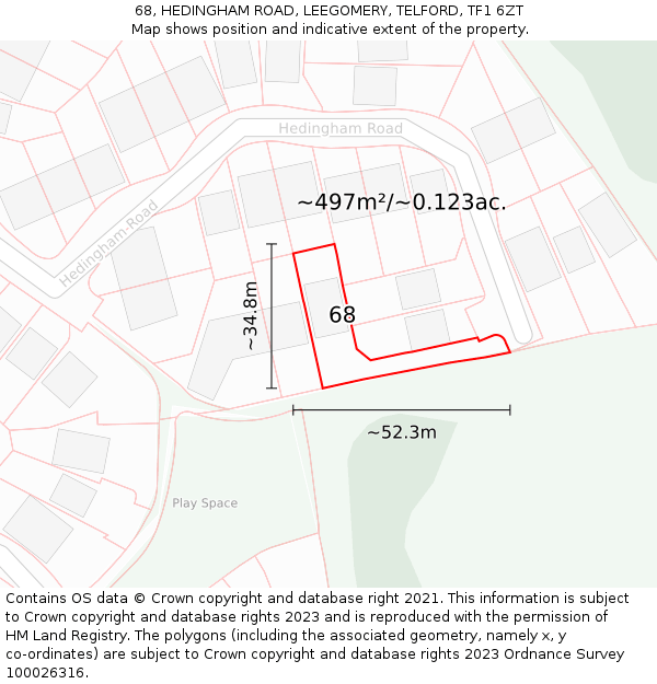 68, HEDINGHAM ROAD, LEEGOMERY, TELFORD, TF1 6ZT: Plot and title map