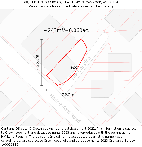 68, HEDNESFORD ROAD, HEATH HAYES, CANNOCK, WS12 3EA: Plot and title map