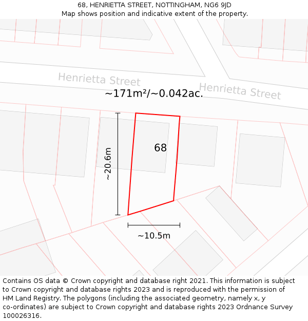 68, HENRIETTA STREET, NOTTINGHAM, NG6 9JD: Plot and title map