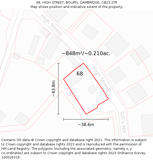68, HIGH STREET, BOURN, CAMBRIDGE, CB23 2TR: Plot and title map