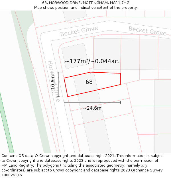 68, HORWOOD DRIVE, NOTTINGHAM, NG11 7HG: Plot and title map
