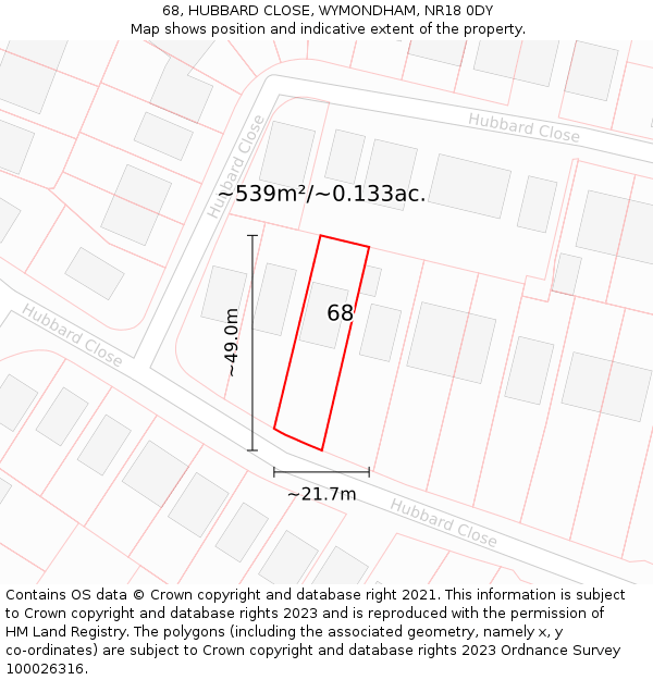 68, HUBBARD CLOSE, WYMONDHAM, NR18 0DY: Plot and title map