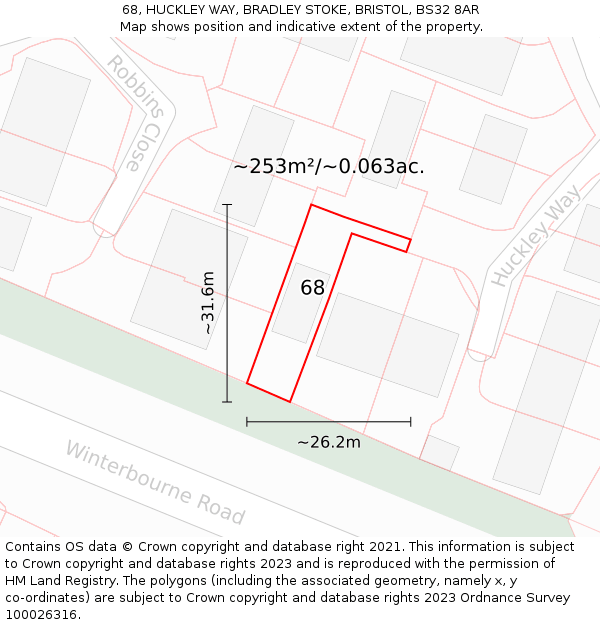 68, HUCKLEY WAY, BRADLEY STOKE, BRISTOL, BS32 8AR: Plot and title map