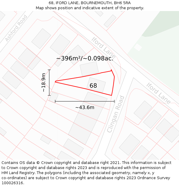 68, IFORD LANE, BOURNEMOUTH, BH6 5RA: Plot and title map