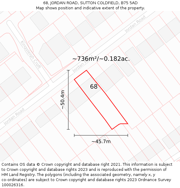 68, JORDAN ROAD, SUTTON COLDFIELD, B75 5AD: Plot and title map