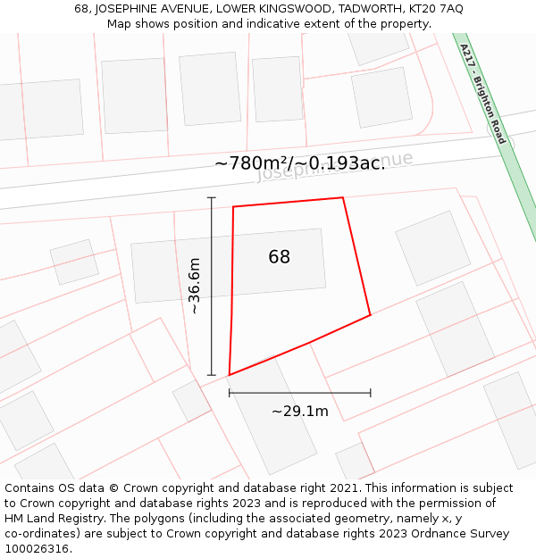 68, JOSEPHINE AVENUE, LOWER KINGSWOOD, TADWORTH, KT20 7AQ: Plot and title map
