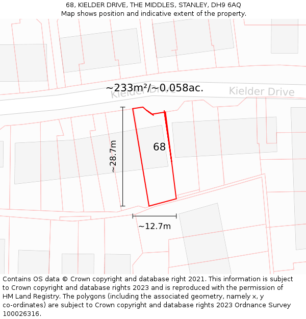 68, KIELDER DRIVE, THE MIDDLES, STANLEY, DH9 6AQ: Plot and title map