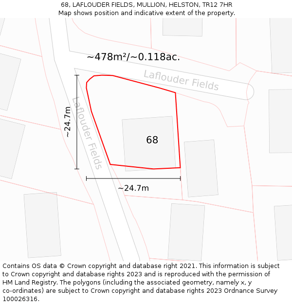 68, LAFLOUDER FIELDS, MULLION, HELSTON, TR12 7HR: Plot and title map