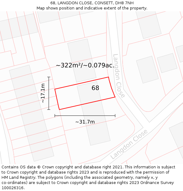 68, LANGDON CLOSE, CONSETT, DH8 7NH: Plot and title map