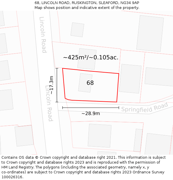 68, LINCOLN ROAD, RUSKINGTON, SLEAFORD, NG34 9AP: Plot and title map