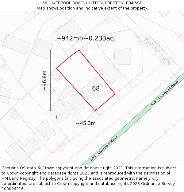 68, LIVERPOOL ROAD, HUTTON, PRESTON, PR4 5SP: Plot and title map