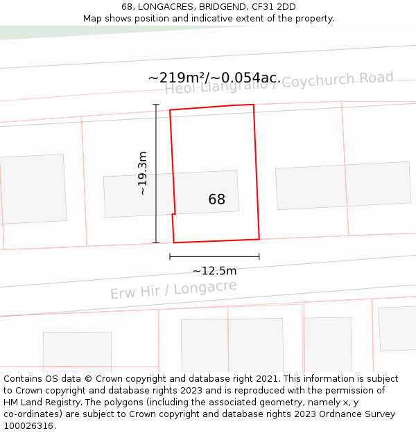 68, LONGACRES, BRIDGEND, CF31 2DD: Plot and title map