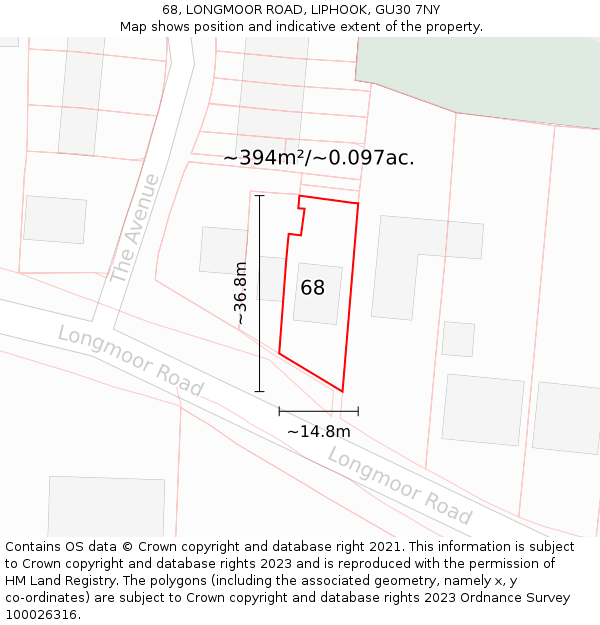 68, LONGMOOR ROAD, LIPHOOK, GU30 7NY: Plot and title map
