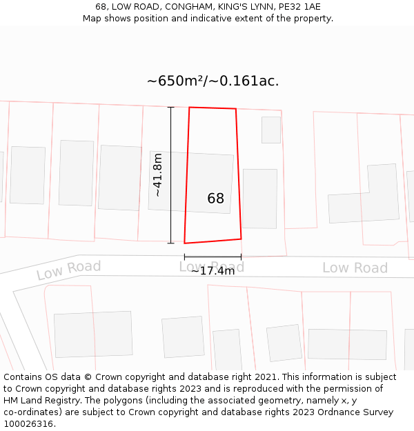 68, LOW ROAD, CONGHAM, KING'S LYNN, PE32 1AE: Plot and title map