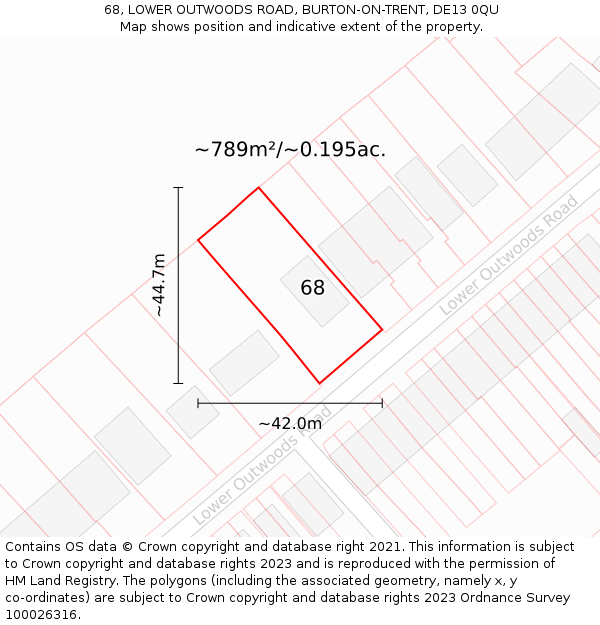 68, LOWER OUTWOODS ROAD, BURTON-ON-TRENT, DE13 0QU: Plot and title map
