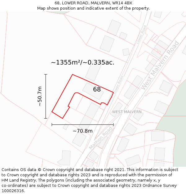 68, LOWER ROAD, MALVERN, WR14 4BX: Plot and title map