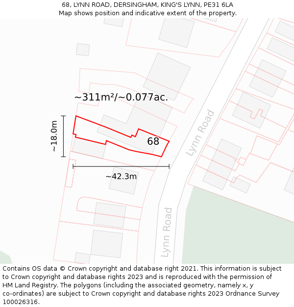 68, LYNN ROAD, DERSINGHAM, KING'S LYNN, PE31 6LA: Plot and title map