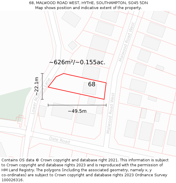 68, MALWOOD ROAD WEST, HYTHE, SOUTHAMPTON, SO45 5DN: Plot and title map