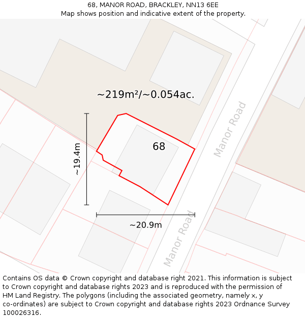68, MANOR ROAD, BRACKLEY, NN13 6EE: Plot and title map