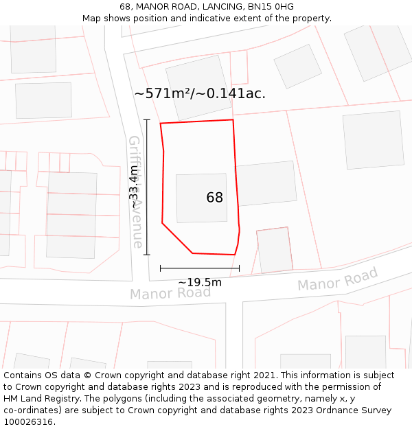 68, MANOR ROAD, LANCING, BN15 0HG: Plot and title map