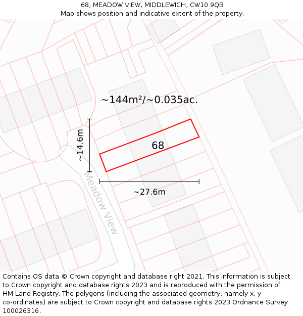 68, MEADOW VIEW, MIDDLEWICH, CW10 9QB: Plot and title map