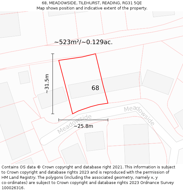 68, MEADOWSIDE, TILEHURST, READING, RG31 5QE: Plot and title map