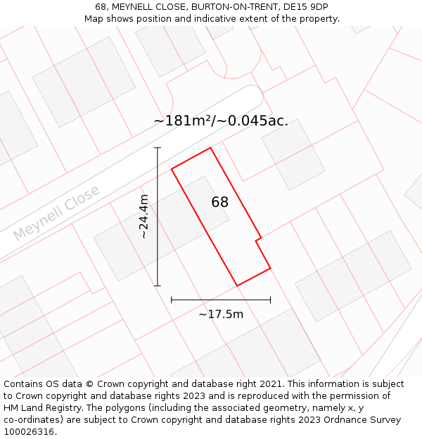 68, MEYNELL CLOSE, BURTON-ON-TRENT, DE15 9DP: Plot and title map