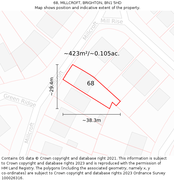 68, MILLCROFT, BRIGHTON, BN1 5HD: Plot and title map