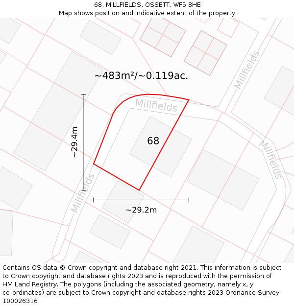 68, MILLFIELDS, OSSETT, WF5 8HE: Plot and title map