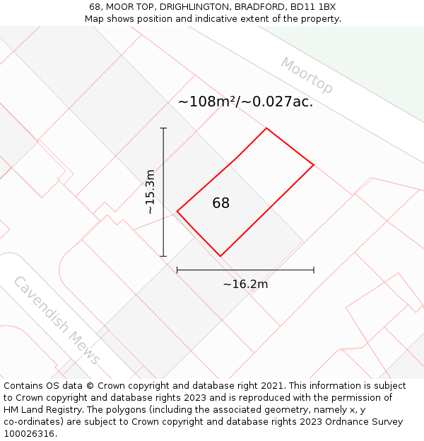 68, MOOR TOP, DRIGHLINGTON, BRADFORD, BD11 1BX: Plot and title map