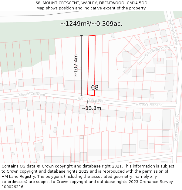 68, MOUNT CRESCENT, WARLEY, BRENTWOOD, CM14 5DD: Plot and title map