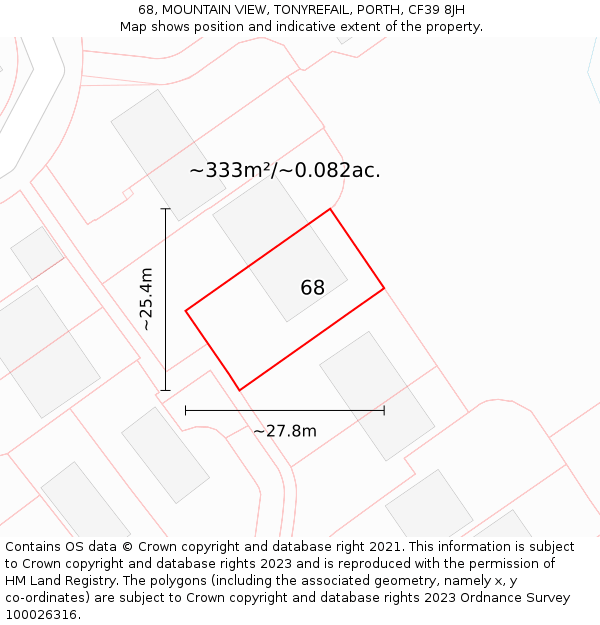68, MOUNTAIN VIEW, TONYREFAIL, PORTH, CF39 8JH: Plot and title map