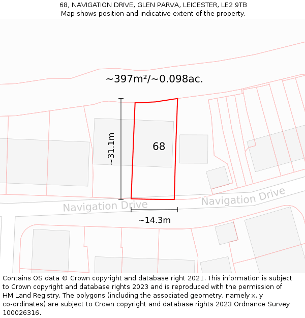 68, NAVIGATION DRIVE, GLEN PARVA, LEICESTER, LE2 9TB: Plot and title map