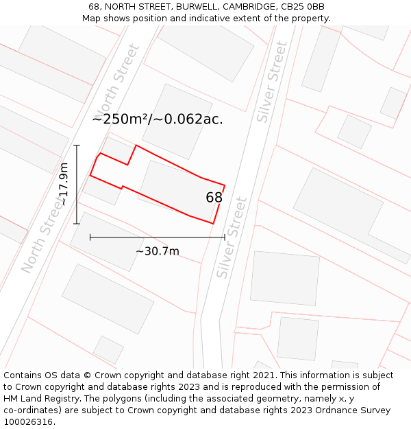 68, NORTH STREET, BURWELL, CAMBRIDGE, CB25 0BB: Plot and title map