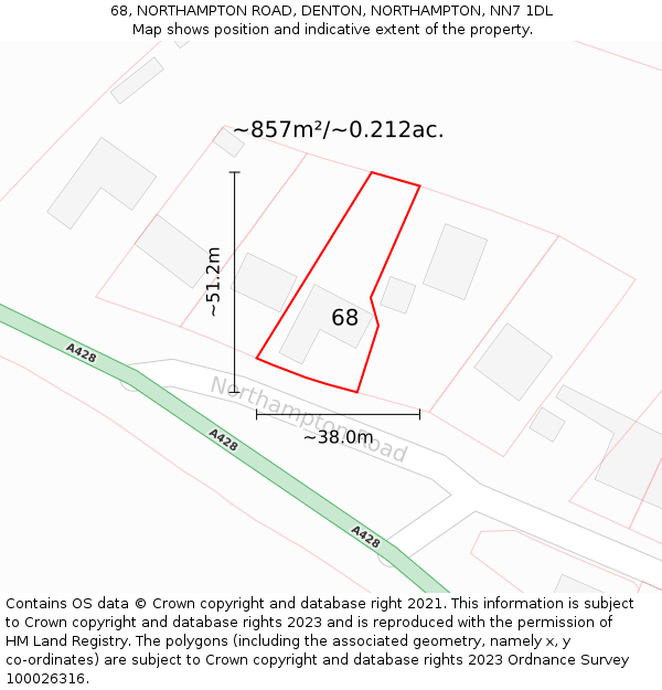68, NORTHAMPTON ROAD, DENTON, NORTHAMPTON, NN7 1DL: Plot and title map