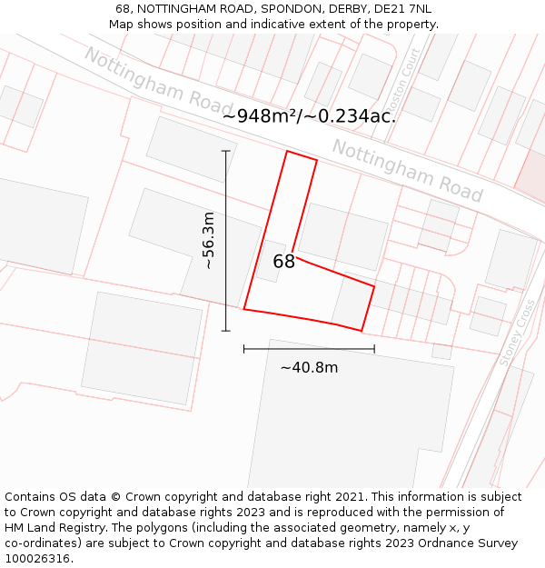 68, NOTTINGHAM ROAD, SPONDON, DERBY, DE21 7NL: Plot and title map
