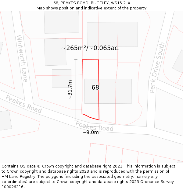 68, PEAKES ROAD, RUGELEY, WS15 2LX: Plot and title map