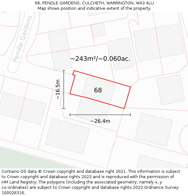 68, PENDLE GARDENS, CULCHETH, WARRINGTON, WA3 4LU: Plot and title map