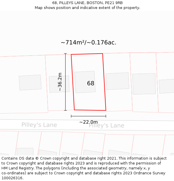 68, PILLEYS LANE, BOSTON, PE21 9RB: Plot and title map