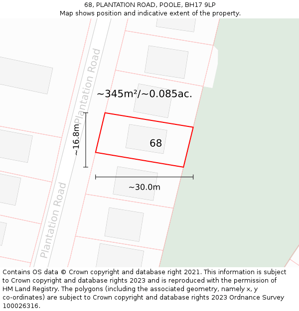68, PLANTATION ROAD, POOLE, BH17 9LP: Plot and title map