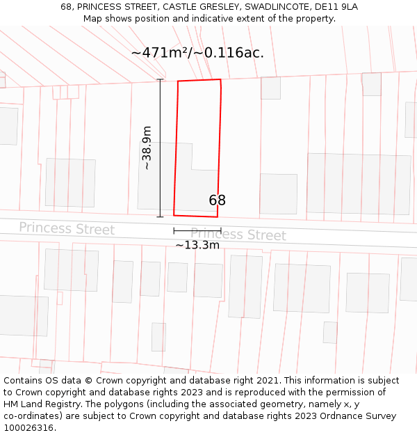68, PRINCESS STREET, CASTLE GRESLEY, SWADLINCOTE, DE11 9LA: Plot and title map