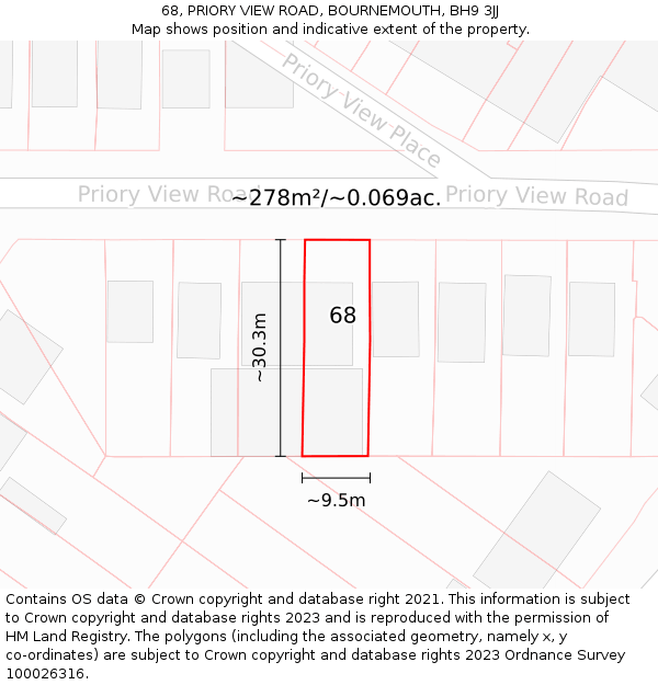 68, PRIORY VIEW ROAD, BOURNEMOUTH, BH9 3JJ: Plot and title map