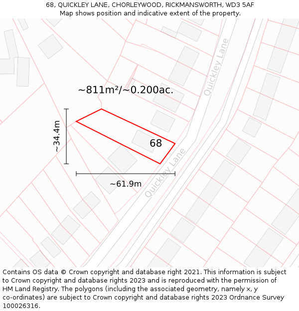 68, QUICKLEY LANE, CHORLEYWOOD, RICKMANSWORTH, WD3 5AF: Plot and title map